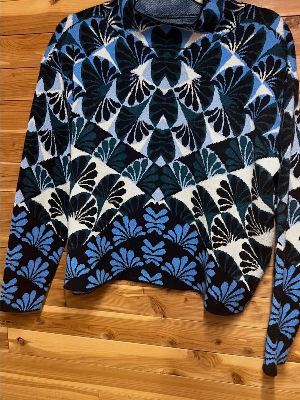 Desigual Blue Black White Patterned Cowl-Neck Sweater